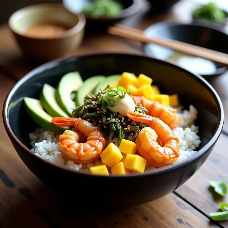 Sushi Bowl japonés en capas con arroz blanco, láminas de aguacate cremoso, cubos de mango amarillo, tempura de camarón dorada y crujiente, decorado con semillas de sésamo, tiras de nori y salsa teriyaki. Presentado en un bol negro con fondo de madera.