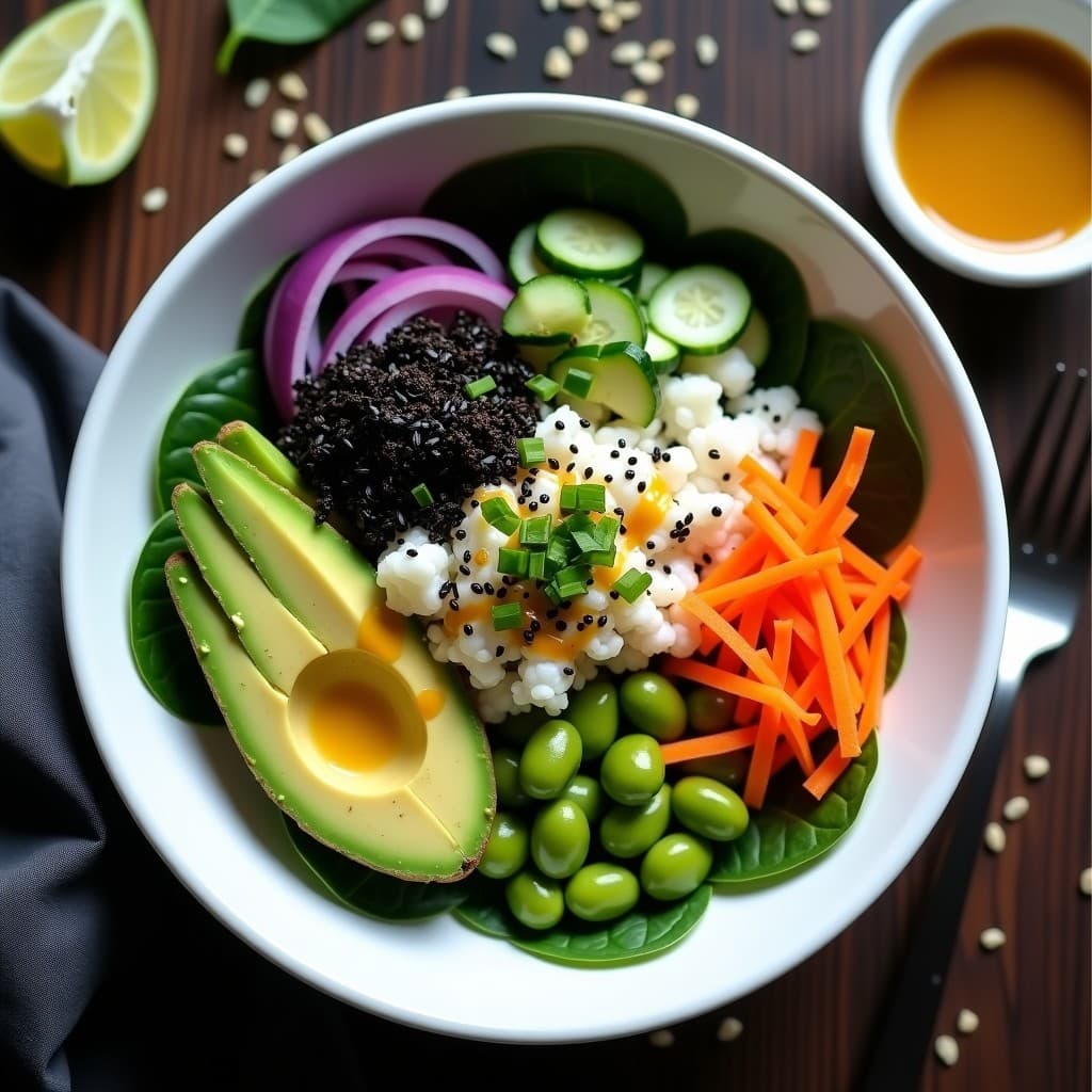 Sushi Bowl vegano sin arroz con capas de aguacate cremoso, pepino en juliana, zanahoria morada y edamame sobre hojas de espinaca. Decorado con semillas de sésamo negro, cebollino y copos de alga nori, acompañado de una vinagreta dorada de sésamo.