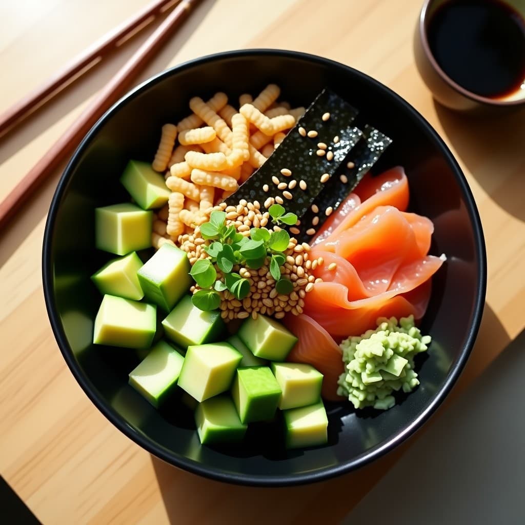 Sushi Bowl de Aguacate y Salmón Ahumado en plato hondo negro, con capas de aguacate verde, pepino juliana, salmón rosado ahumado, algas nori tostadas, semillas de sésamo y aderezo de jengibre. Receta keto y alta en omega-3.