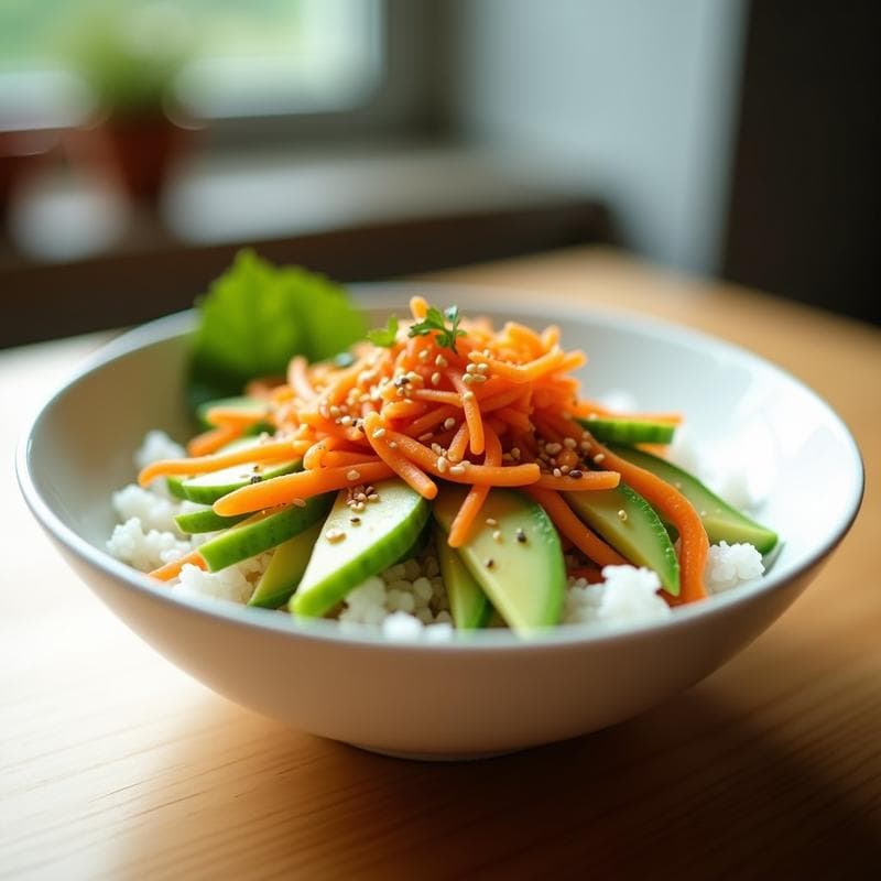 Sushi Bowl vegano con base de arroz para sushi, cubos de aguacate cremoso, juliana de pepino fresco, zanahoria rallada y surimi vegano desmenuzado. Coronado con salsa teriyaki brillante y semillas de sésamo tostado sobre un bol de cerámica blanca, fondo claro.