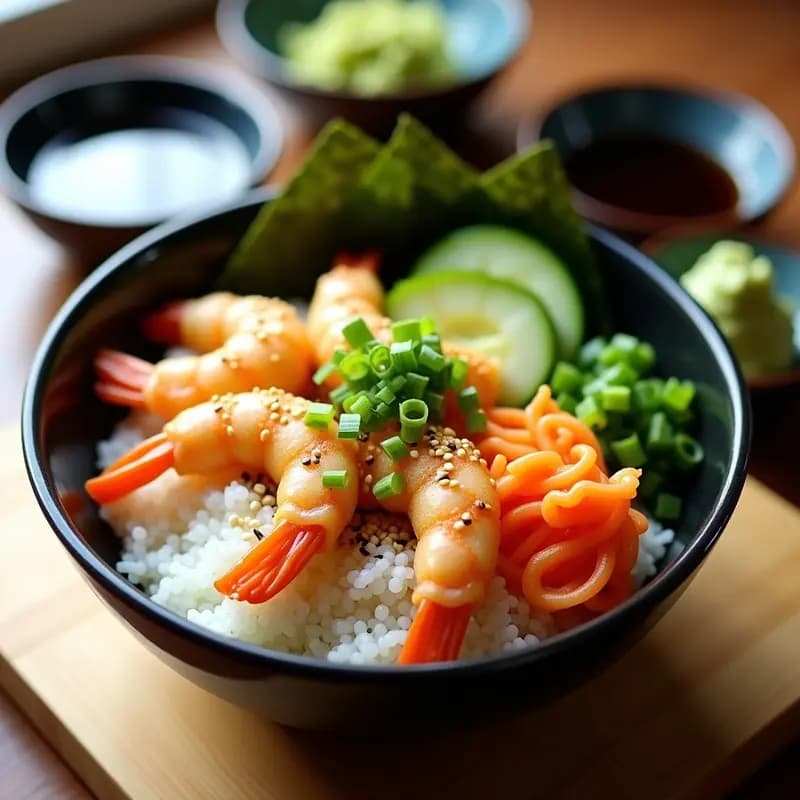 Sushi bowl japonés con arroz sazonado, tempura de camarones dorados y crujientes, aguacate en cubos, pepino en juliana, jengibre en escabeche y semillas de sésamo. Decorado con hojas de nori y cebollino, servido en un bol negro con salsa de soja y wasabi al lado.