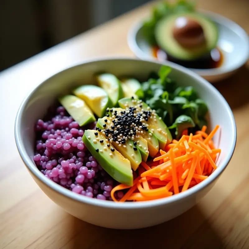 Sushi Bowl de arroz morado vibrante con capas de aguacate cremoso, pepino y zanahoria en juliana, decorado con semillas de amapola negras y sésamo blanco, con un hilo de salsa de soja y algas nori. Plato colorido y fotogénico sobre fondo claro.