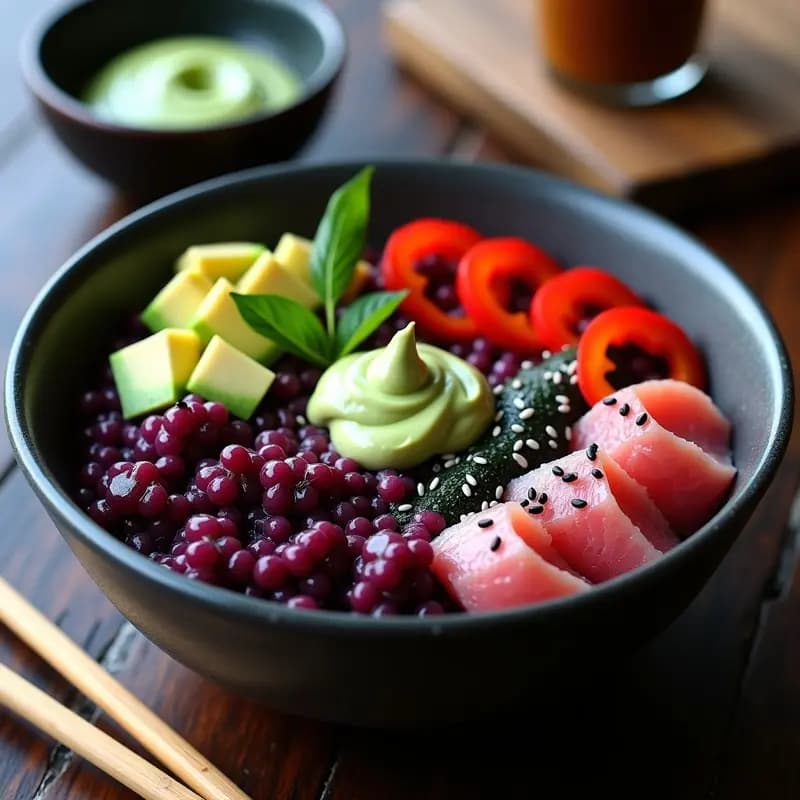 Sushi Bowl de arroz morado vibrante con trozos de atún encurtido, aguacate en cubos, pepino en juliana, semillas de sésamo negro y crema de wasabi al lado. Plato colorido y apetecible con toques japoneses fusion.