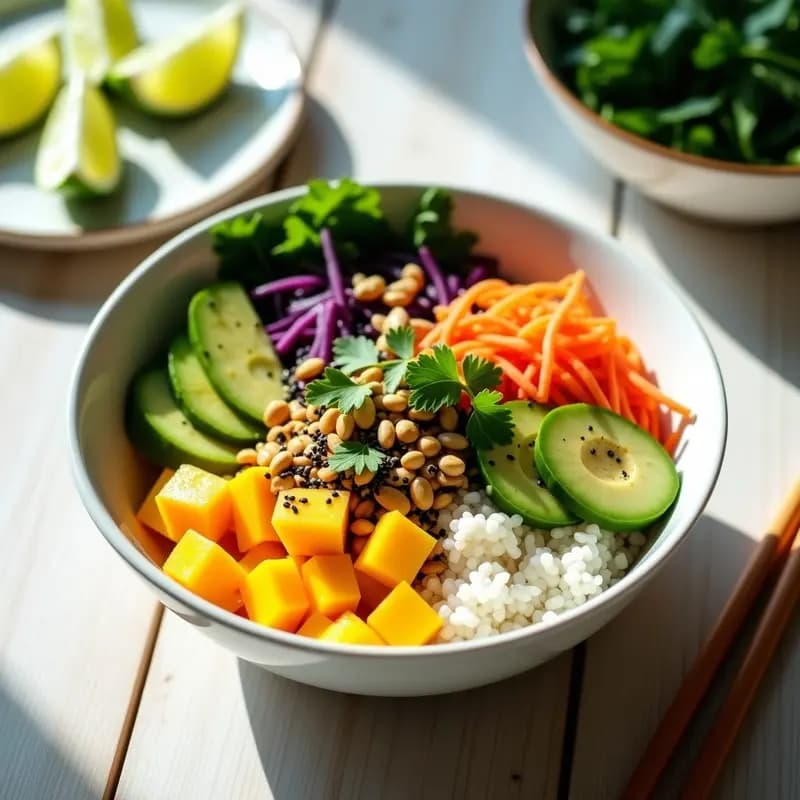 Sushi Bowl tailandés en cuenco de cerámica blanca con arroz basmati, cubos de mango dorado, láminas de aguacate verde, juliana de pepino y zanahoria morada, espolvoreado con semillas de sésamo negro y cacahuetes. Acompañado de vinagreta de lima kaffir y decorado con hojas de cilantro y tiras de alga nori, sobre fondo de madera clara.