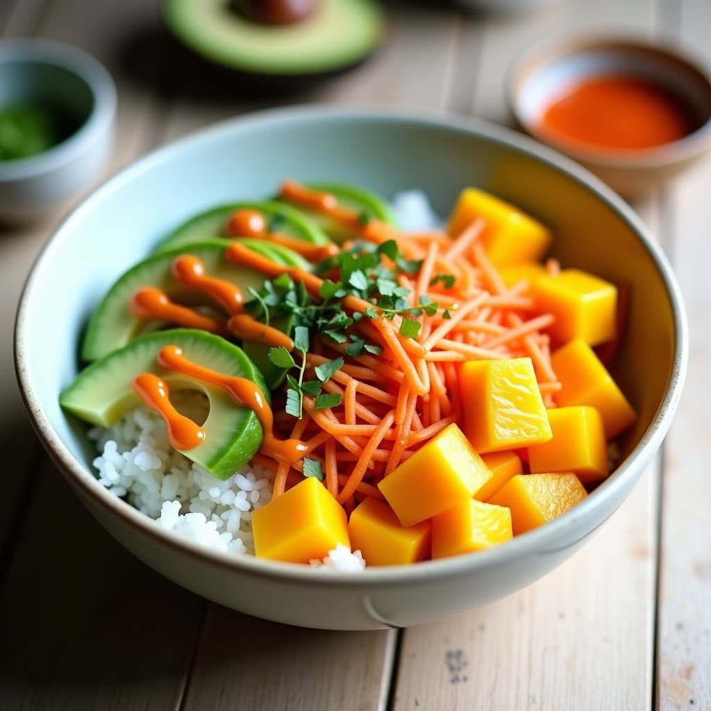 Sushi Bowl vegano con base de arroz para sushi, cubos de mango y palta, juliana de pepino y zanahoria, salsa Sriracha y mayonesa vegana, espolvoreado con semillas de sésamo y alga nori en copos. Plato colorido y fresco, listo para servir.