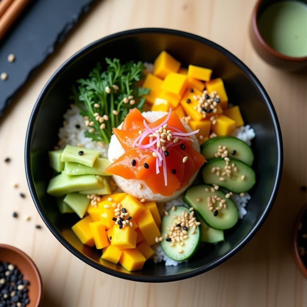 Sushi Bowl keto en bol hondo negro con arroz de coliflor, láminas de salmón ahumado, tiras de mango verde, aguacate en cubos, pepino y cebolla morada. Espolvoreado con semillas de sésamo y vinagreta de wasabi.