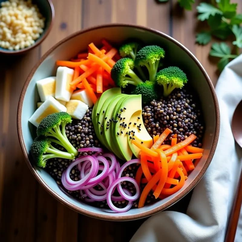 Sushi Bowl de Quercetina con arroz salvaje oscuro como base, rodeado de cebolla morada vibrante, brócoli verde brillante, zanahoria naranja, pimiento rojo, aguacate cremoso, kimchi fermentado y decorado con semillas de sésamo negro y algas nori. Plato colorido y nutritivo con alto poder antioxidante.