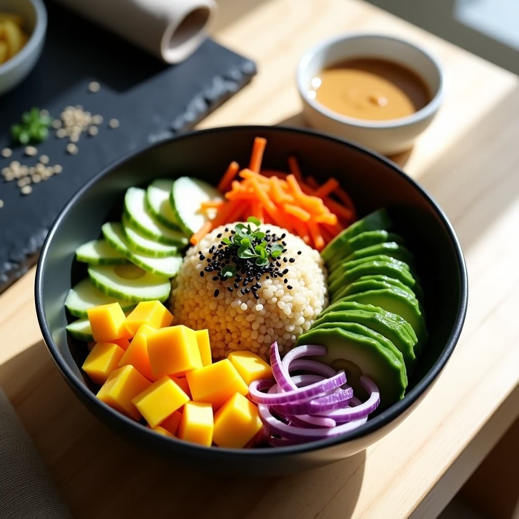 Sushi Bowl de Quinoa y Mango con Aderezo de Cacahuete en un bol negro de cerámica, con quinoa esponjosa como base, cubos de mango dorado, láminas de aguacate verde, juliana de pepino y zanahoria morada, decorado con semillas de sésamo negro, tiras de nori y cebollino fresco, acompañado de un aderezo cremoso de cacahuete en un recipiente aparte.