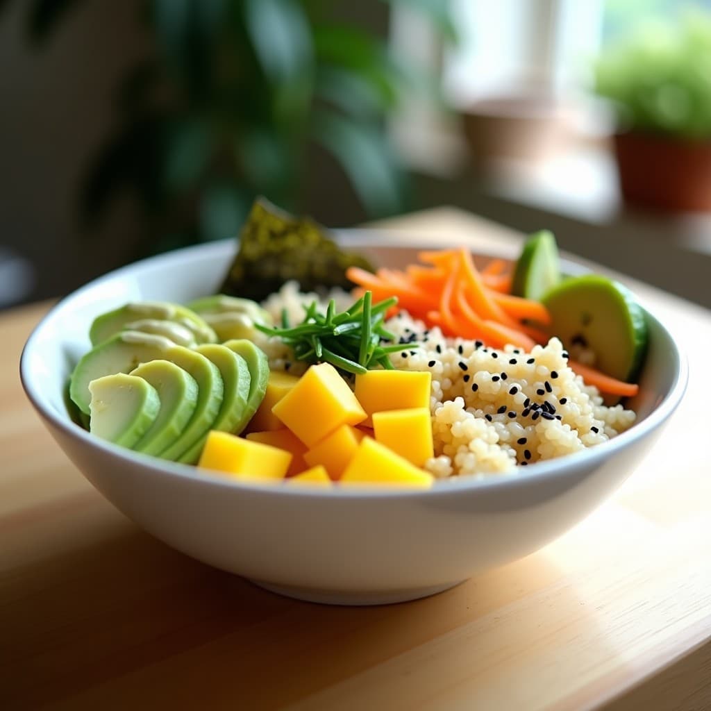 Sushi bowl de quinoa y mango con aderezo de wasabi y sésamo, servido en bol de cerámica blanca. Base de quinoa esponjosa, cubos de mango dorado, juliana de pepino y zanahoria, láminas de aguacate, tiras de nori y semillas de sésamo negro. Aderezo cremoso verde pálido rociado encima, decorado con cebollino fresco.
