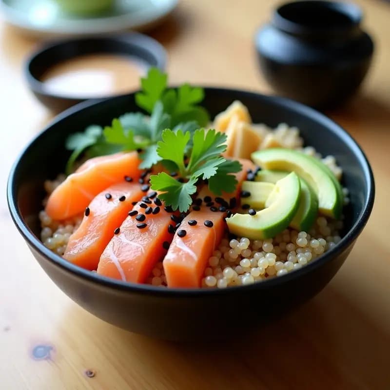 Bowl de cerámica negra con quinoa brillante, trozos de salmón fresco rosado, aguacate en cubos, pepino en juliana y semillas de sésamo negro. Aderezo cremoso de wasabi y salsa de soja al lado, decorado con hojas de cilantro fresco.