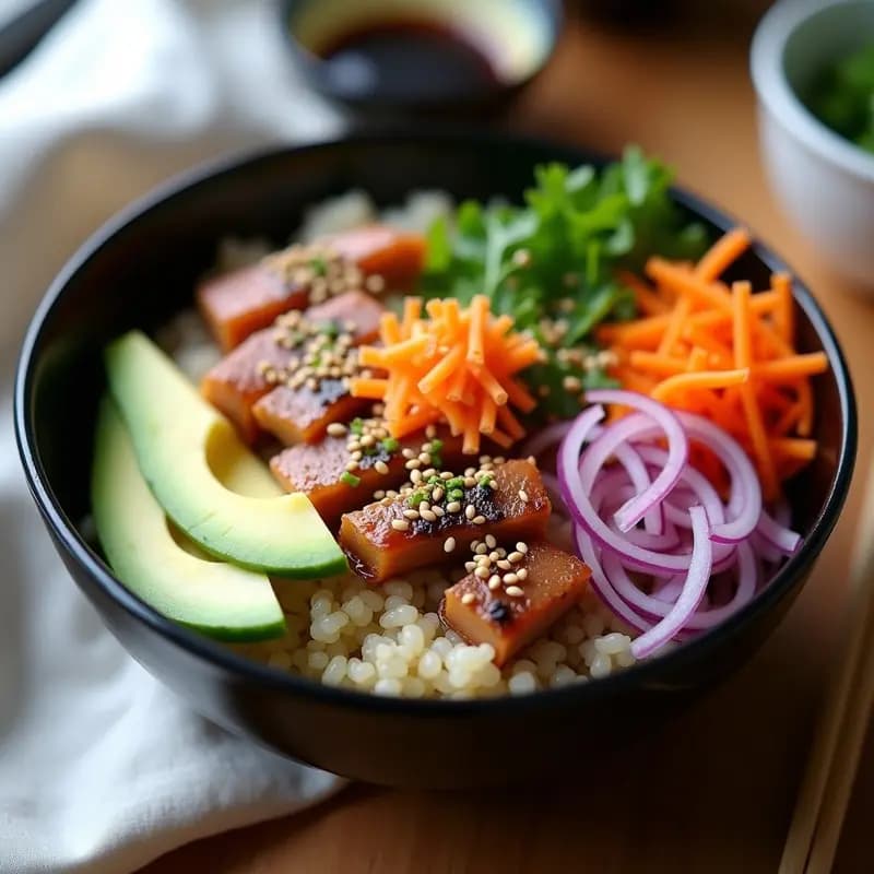 Sushi bowl keto en cuenco negro con quinoa esponjosa, sardinas ahumadas desmenuzadas, aguacate en cubos, pepino en bastones, zanahoria y cebolla morada en juliana, decorado con semillas de sésamo tostadas y algas nori, bañado en marinada de yuzu.