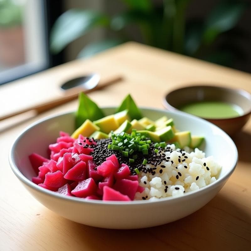 Sushi Bowl vegano y sin gluten en cuenco de cerámica blanca, con base de arroz sazonado, cubos de remolacha morada, dados de aguacate verde, juliana de pepino, zanahoria rallada, algas nori en copos y semillas de sésamo tostadas. Aliño de wasabi y lima en tarrito aparte. Decorado con cebollino fresco y fondo de madera clara.