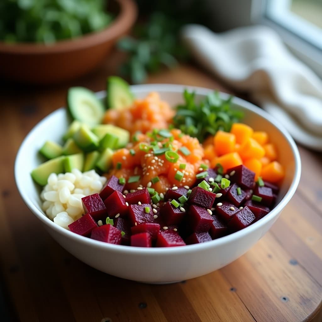 Sushi Bowl vegano con arroz blanco, remolacha morada en cubos, gajos de arancia, aguacate, pepino y semillas de sésamo, acompañado de salsa sriracha cremosa en un bol de cerámica blanca sobre fondo rústico.