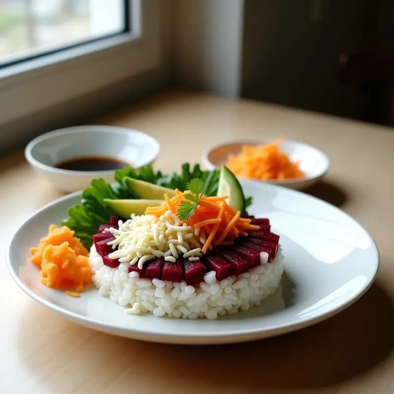 Sushi Bowl de remolacha y queso de cabra en capas perfectamente definidas, con arroz blanco en la base, remolacha roja, queso de cabra desmenuzado, aguacate verde y decoración de semillas de sésamo, alga nori y jengibre encurtido. Plato colorido y estético sobre fondo claro.