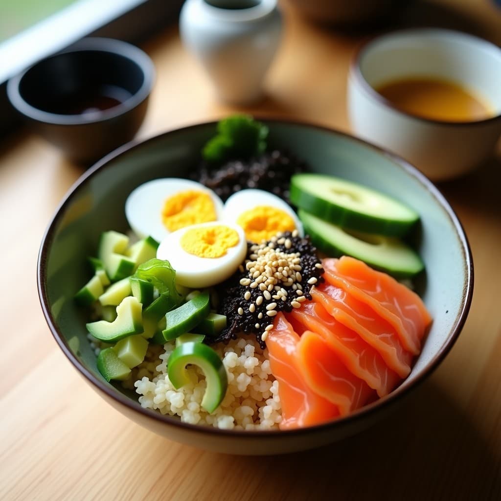 Sushi bowl keto con base de coliflor rallada, láminas de salmón ahumado, cubos de aguacate, pepino en juliana y huevo de codorniz. Decorado con semillas de sésamo negro y blanco, copos de alga nori y aderezo de sésamo tostado.