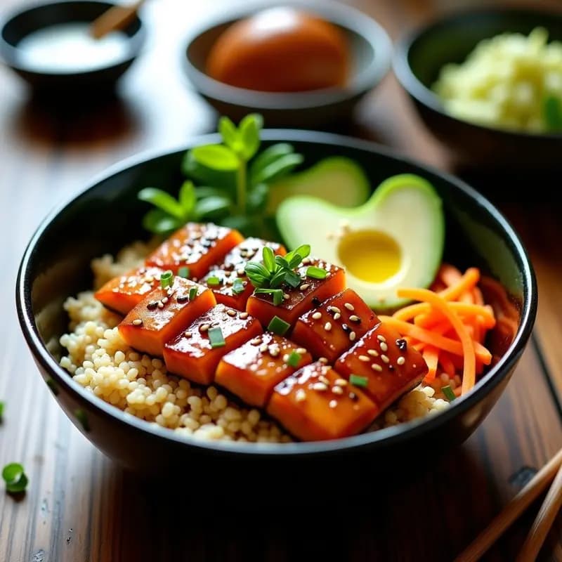 Sushi bowl de salmón teriyaki y aguacate en plato hondo negro, con arroz de coliflor como base, filetes de salmón glaseado, aguacate en cubos, pepino en juliana, semillas de sésamo negro y cebollino fresco. Receta japonesa sin gluten y sin algodón de azúcar.