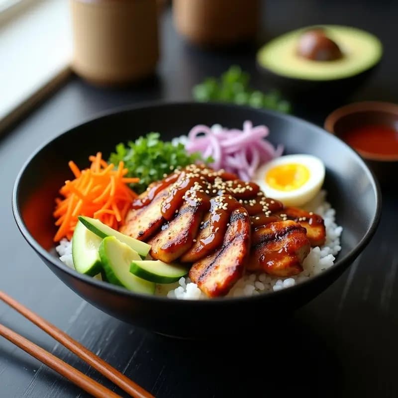 Sushi bowl de teriyaki de pollo en un bol de cerámica blanca, con arroz avinagrado, tiras de pollo brillantes cubiertas de salsa teriyaki, aguacate en cubos, rodajas de huevo cremoso, pepino en juliana y semillas de sésamo espolvoreadas. Decorado con cebollino fresco y un hilo de aceite de sésamo.
