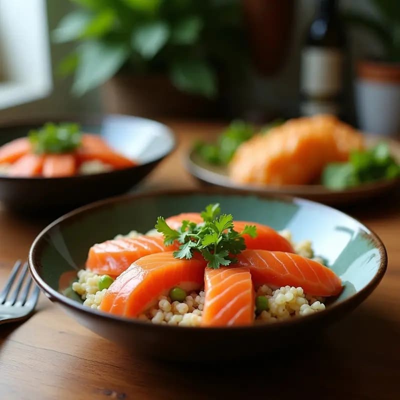 Dos bowls de quinoa blanca cocida con láminas de salmón ahumado, aguacate en cubos, pepino en juliana, zanahoria rallada y huevos de codorniz. Decorado con semillas de sésamo, algas nori en copos y aderezo de salsa de soja. Receta de Sushi Bowls de quinoa y salmón ahumado con toque japonés.
