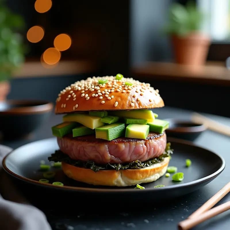 Sushi burger de aguacate y atún en costra de sésamo dorada, servido en mitad de aguacate con wasabi y cebollino, acompañado de láminas de alga nori sobre fondo de madera oscura.
