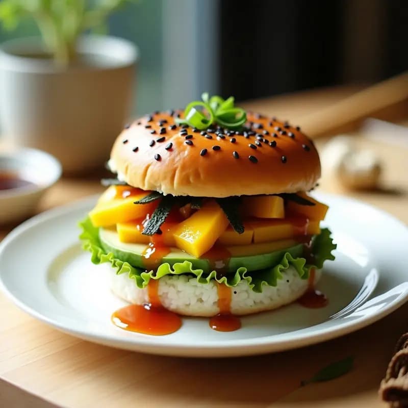 Sushi burger de aguacate y mango con salsa teriyaki, visto de lado con capas visibles de aguacate cremoso, mango dorado y semillas de sésamo, sobre tortillas de arroz tostadas. Acompañado de salsa teriyaki en un bol pequeño y decorado con cilantro fresco.