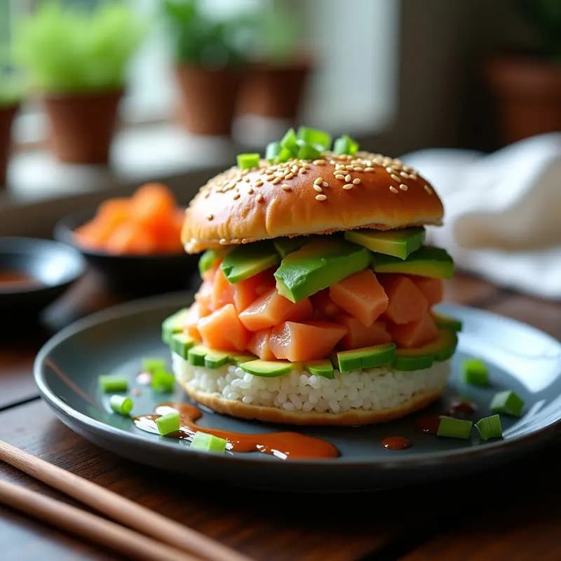 Sushi Burger Japonés con base de arroz compactado, tartara de salmón marinado en teriyaki, láminas de aguacate verde y semillas de sésamo, decorado con cebollino fresco sobre fondo de madera oscura.