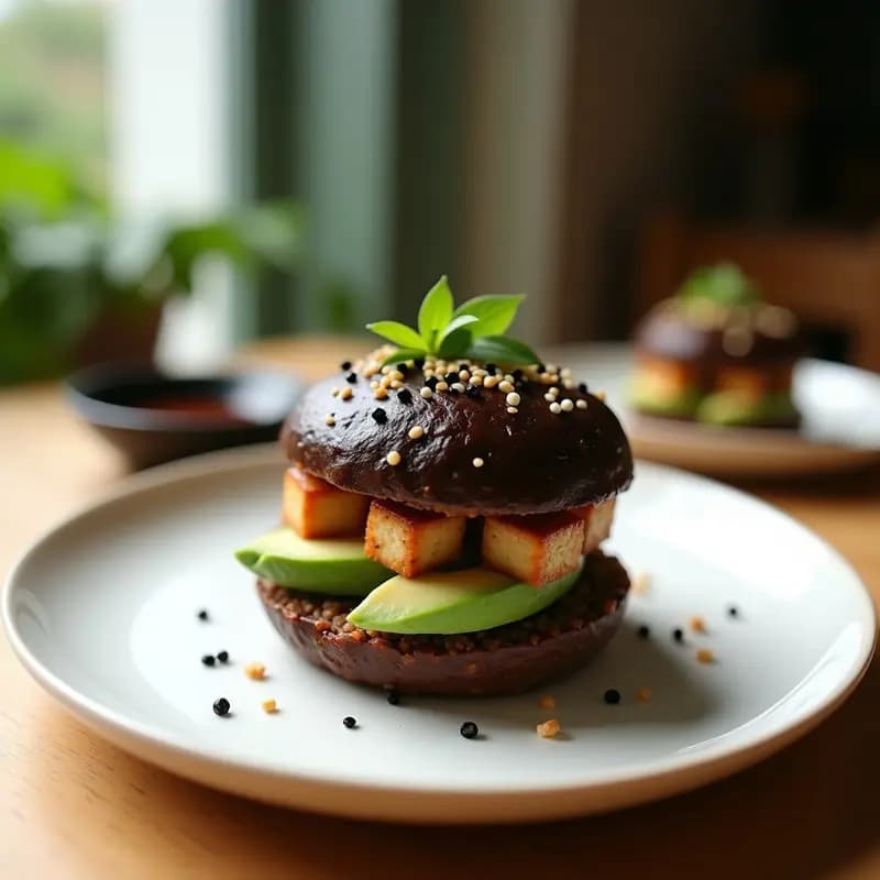 Sushi Burger Japonés vegano con base de arroz basmati integral compacto, relleno de aguacate en láminas, tofu dorado marinado y decorado con semillas de sésamo negro y pimienta rosa, servido en plato blanco con salsa tamari al lado.