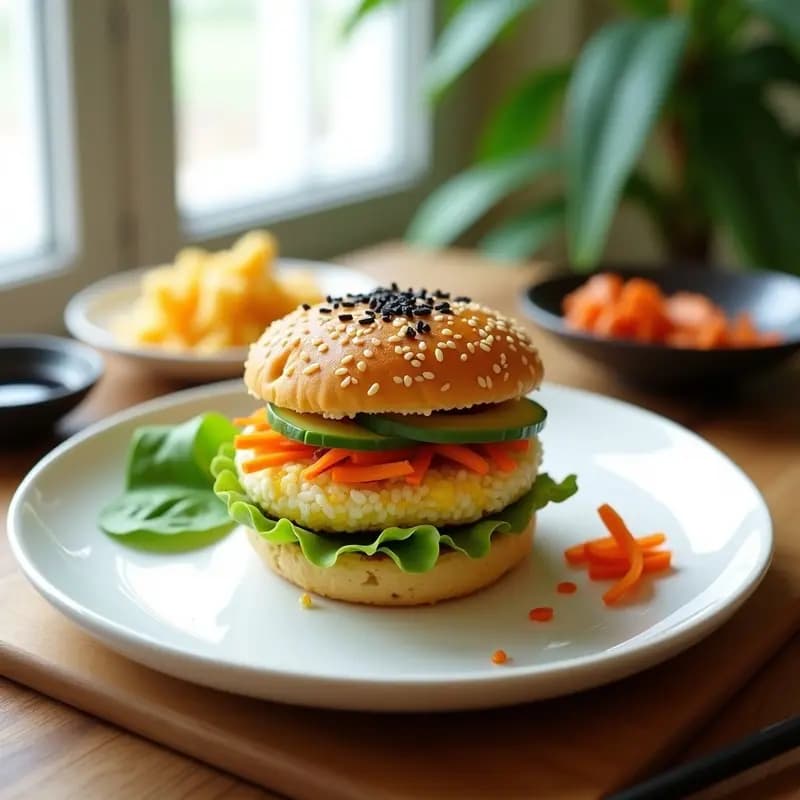 Sushi burger innovador con pan de arroz dorado crujiente, relleno de aguacate cremoso, atún marinado en cítricos y semillas de sésamo negro, servido en plato blanco con salsa umami.