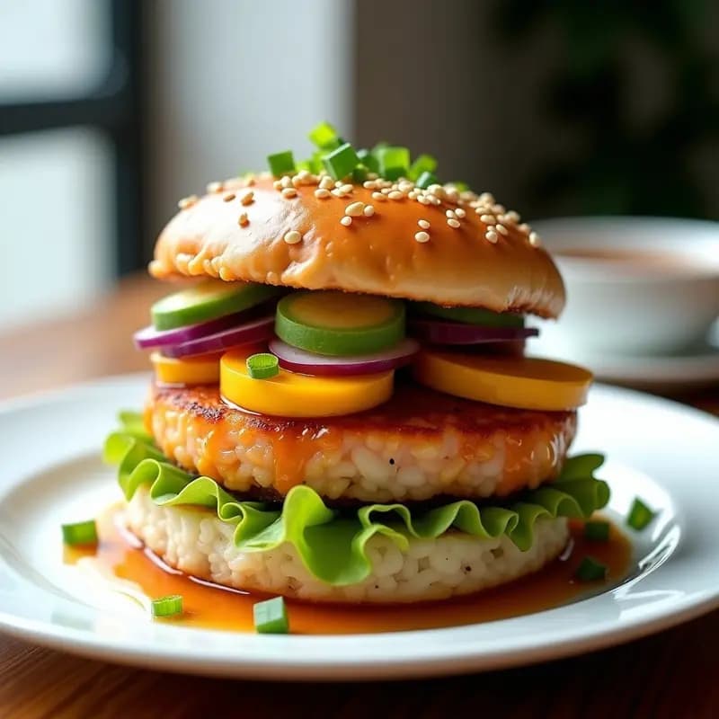 Sushi burger de salmón teriyaki con base de arroz crujiente, filete de salmón glaseado, láminas de mango y aguacate, espolvoreado con semillas de sésamo y cebollino, servido en plato blanco con fondo minimalista.