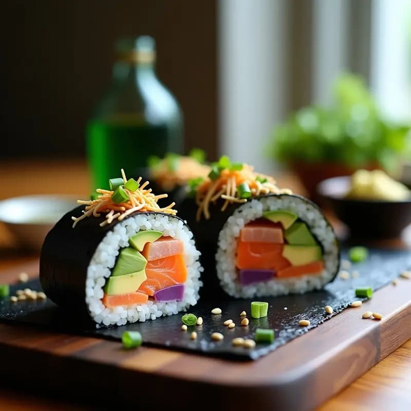 Sushi burrito con aguacate y salmón envuelto en alga nori, cortado por la mitad para mostrar el relleno de salmón fresco, láminas de aguacate verde, pimiento rojo asado y semillas de sésamo negro, servido sobre tabla de madera con salsa de soja y wasabi al lado.