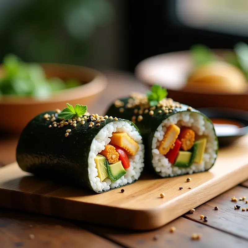 Sushi Burrito Japonés-Mexicano con alga nori negra, relleno de arroz avinagrado, aguacate cremoso y tempura de calabacín y zanahoria dorada, cortado por la mitad y servido en platea blanca con salsa de soja y wasabi.