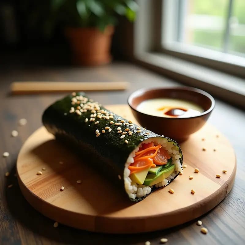 Sushi burrito cortado por la mitad mostrando capas de arroz salvaje, salmón ahumado, aguacate y zanahoria, envuelto en alga nori crujiente y servido con salsa de soja. Receta fusion japonesa-mexicana en airfryer.