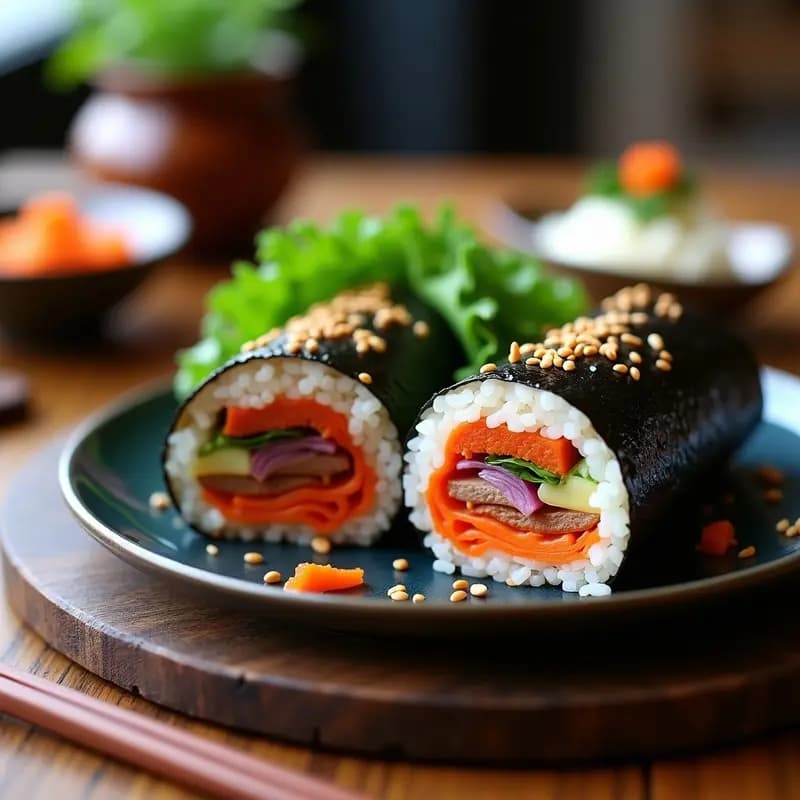 Sushi burrito coreano con kimchi y bulgogi cortado por la mitad, mostrando capas de arroz, ternera marinado bulgogi, tofu ahumado, kimchi, cebolla morada y zanahoria, espolvoreado con semillas de sésamo sobre fondo de madera oscura.