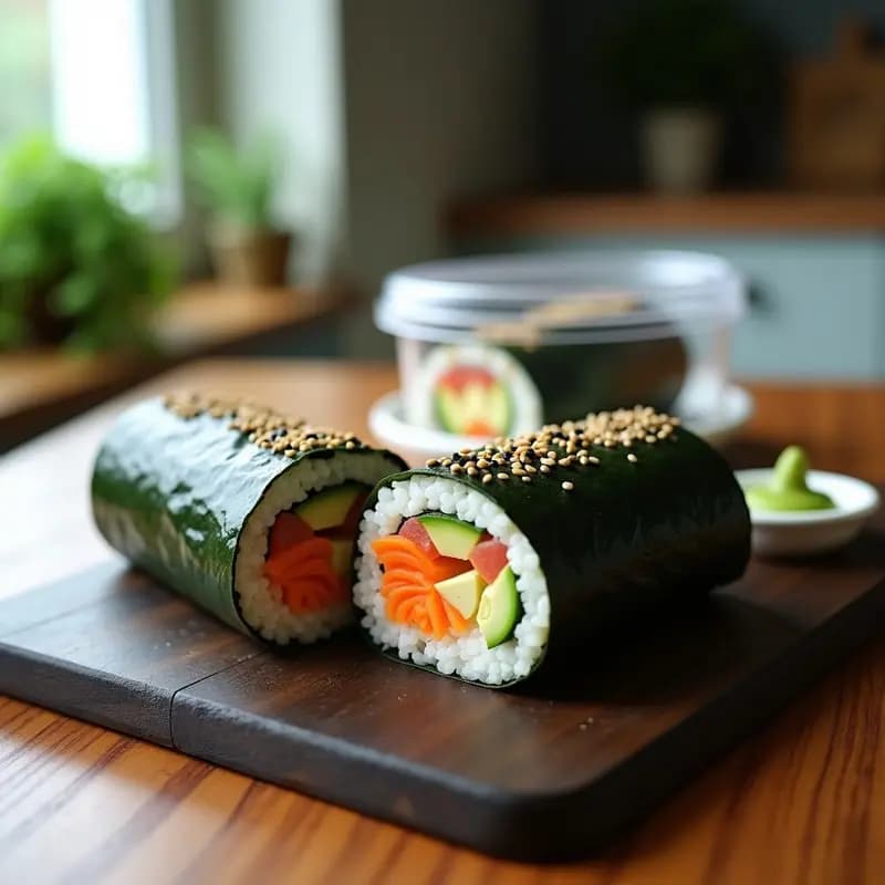 Sushi burrito japonés cortado por la mitad sobre una tabla de madera oscura, mostrando capas de arroz blanco, salmón rosa fresco, aguacate verde cremoso, pepino y zanahoria naranja, espolvoreado con semillas de sésamo negro. Acompañado de salsa de soja y wasabi en un recipiente pequeño, con un tupper abierto al fondo.