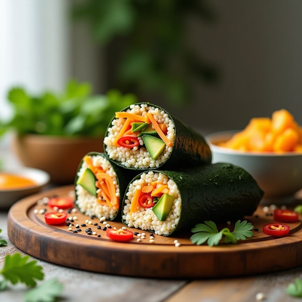 Sushi burrito vegano cortado por la mitad sobre una tabla de madera, mostrando capas de quinoa, vegetales coloridos y aguacate. Acompañado de un bol pequeño con salsa de mango cremosa y semillas de sésamo espolvoreadas. Fondo minimalista con toques de cilantro fresco.