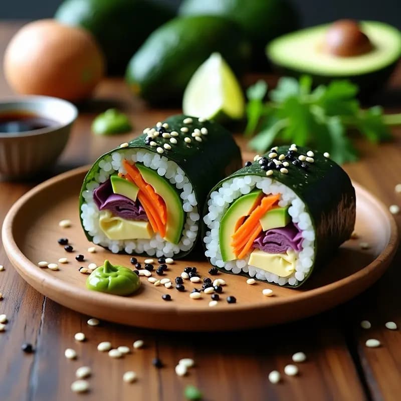 Sushi burrito vegano cortado por la mitad, mostrando capas de aguacate verde, zanahoria morada y pepino sobre arroz blanco, envuelto en alga nori negra y espolvoreado con semillas de sésamo. Acompañado de salsa de soja y wasabi en un plato de madera.