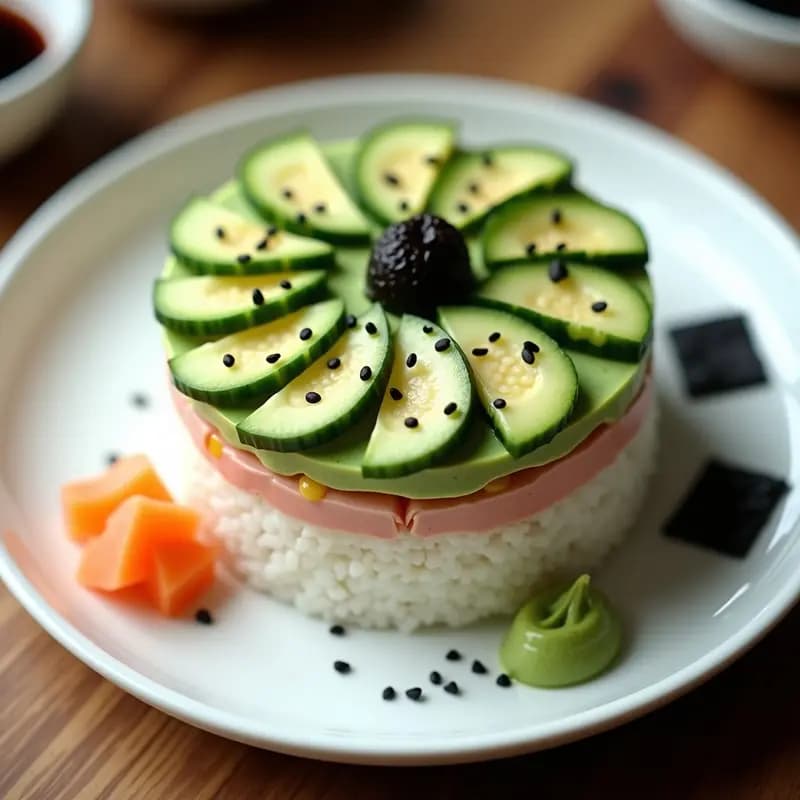 Sushi cake de aguacate y cangrejo en molde redondo, con capas visibles de arroz vinagrado, aguacate cremoso y cangrejo desmenuzado, decorado con semillas de sésamo tostado, cebollino y tiras de alga nori. Receta japonesa moderna sin cocinar.