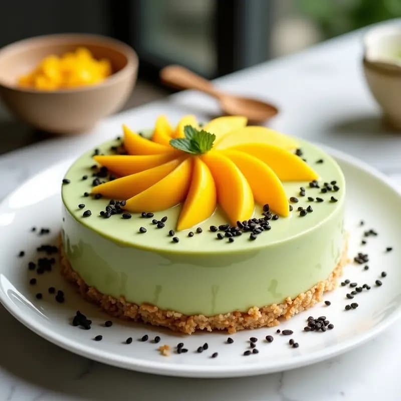 Sushi Cake vegano de mango y aguacate en molde redondo, con capas visibles de arroz blanco, alga nori y crema naranja-verde. Decorado con láminas de mango y semillas de sésamo negro sobre fondo blanco.