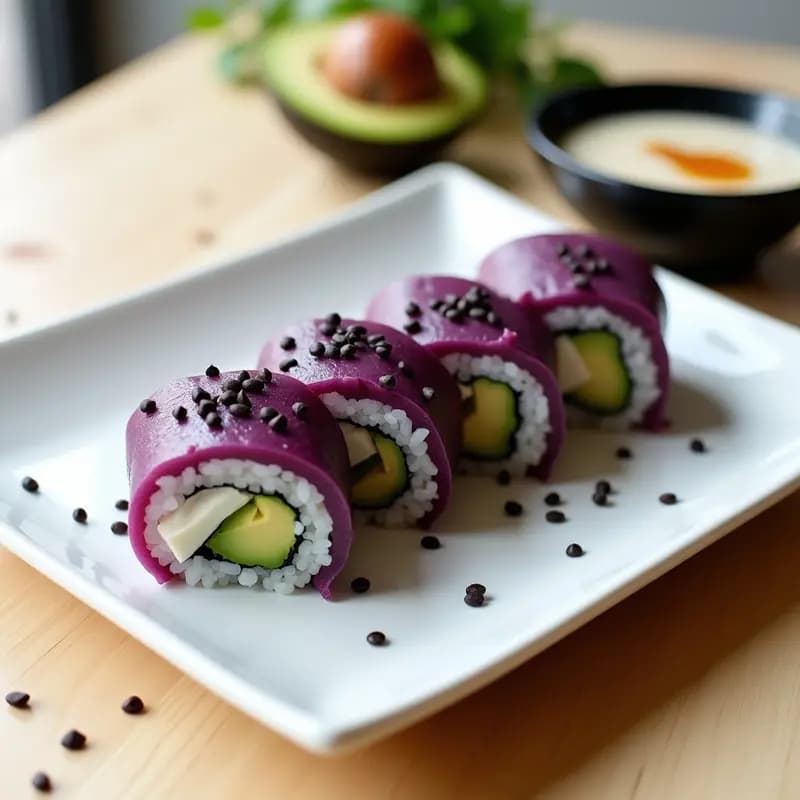Plato rectangular blanco con rollos urusuma de sushi vegano de camote morado y aguacate, cortados en porciones, acompañados de salsa de miso blanco en un bol pequeño. Semillas de sésamo negro espolvoreadas sobre los rollos y fondo de madera clara.