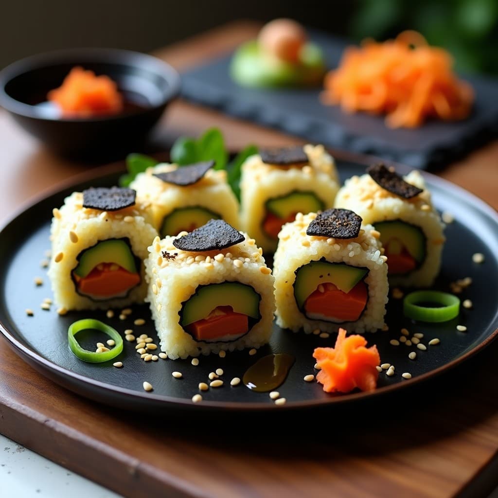 Plato rectangular de madera con 6 rollos de sushi de chirivía y trufa negra cortados por la mitad, mostrando capas de aguacate, pepino y queso de anacardos. Decorado con semillas de sésamo y láminas de trufa negra, acompañado de salsa de soja y wasabi en un recipiente pequeño.