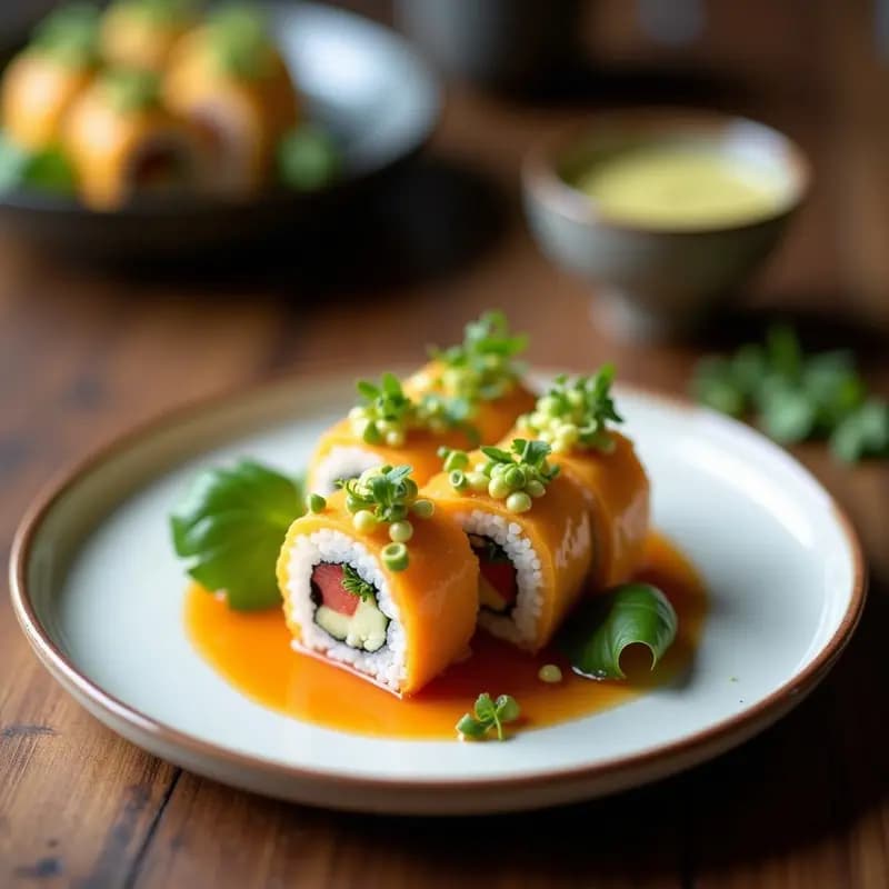 Plato blanco con rollos de sushi vegano bajo en carbohidratos, rellenos de coliflor rallada, aguacate cremoso y pimiento rojo, cortados en porciones y decorados con semillas de sésamo. Acompañados de salsa de soja en un cuenco pequeño.