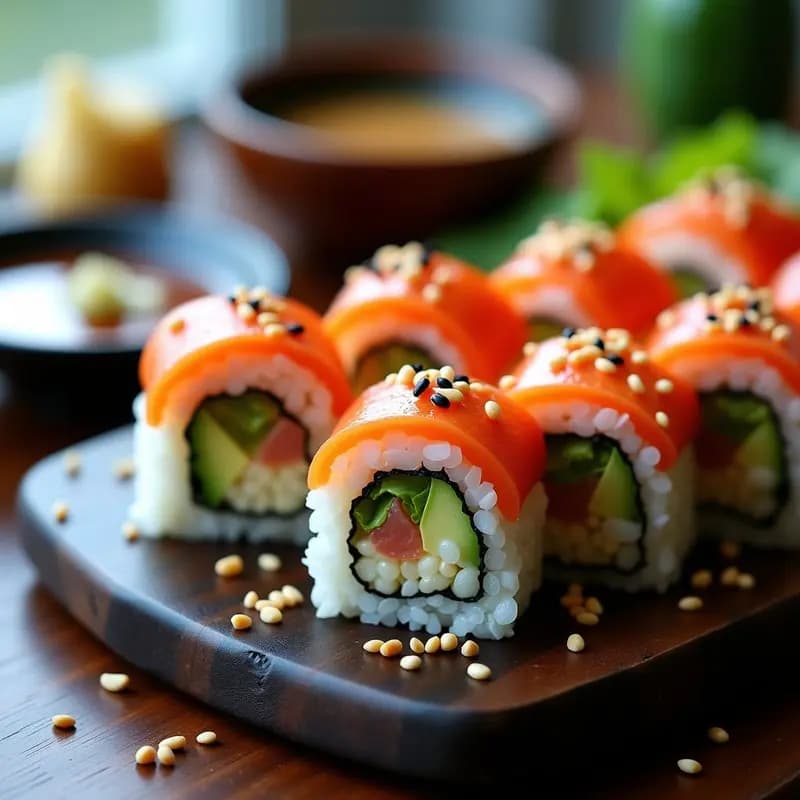 Plato de sushi de coliflor con atún picado y aderezo sriracha, enrollado en alga nori, con aguacate, pepino y semillas de sésamo, servido en una tabla de madera con salsa de soja al lado.