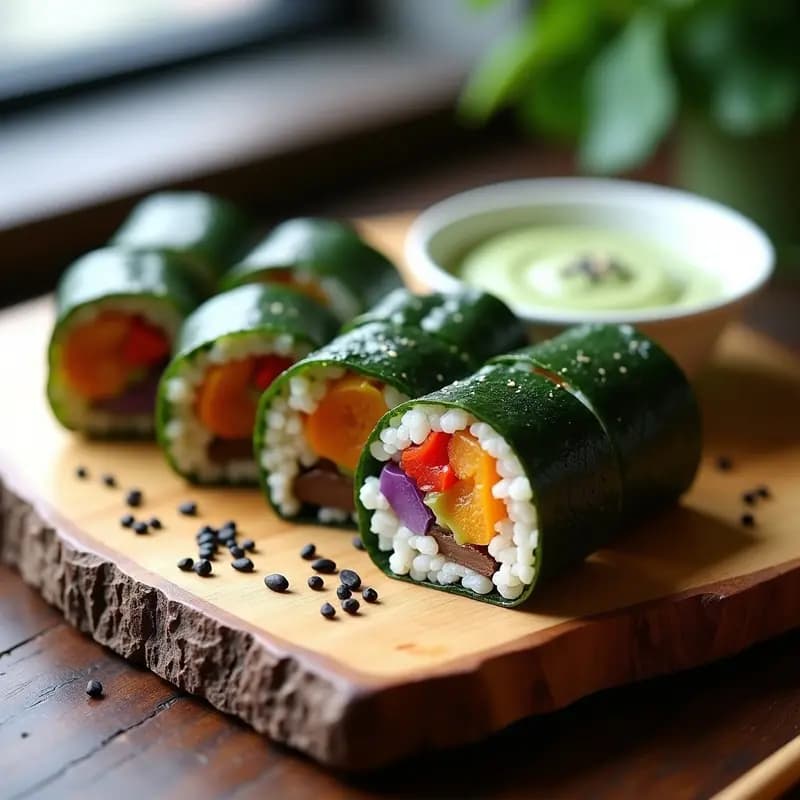 Rollos de sushi low-carb con base de coliflor dorada y champiñones shiitake salteados, envueltos en alga nori y cortados en piezas. Acompañados de aderezo cremoso de wasabi y decorados con semillas de sésamo negro y blanco. Plato de inspiración japonesa, vegano y keto, servido en bandeja de madera.