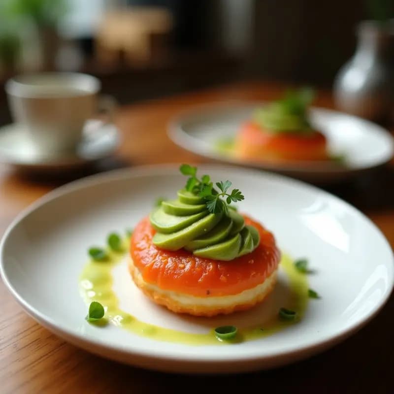 Cuatro Sushi Donuts de aguacate y salmón ahumado dispuestos en una bandeja de madera oscura, con capas visibles de arroz vinagrado, láminas de aguacate verde y salmón rosado, decorados con semillas de sésamo negro y blanco, acompañados de salsa de soja y jengibre encurtido.