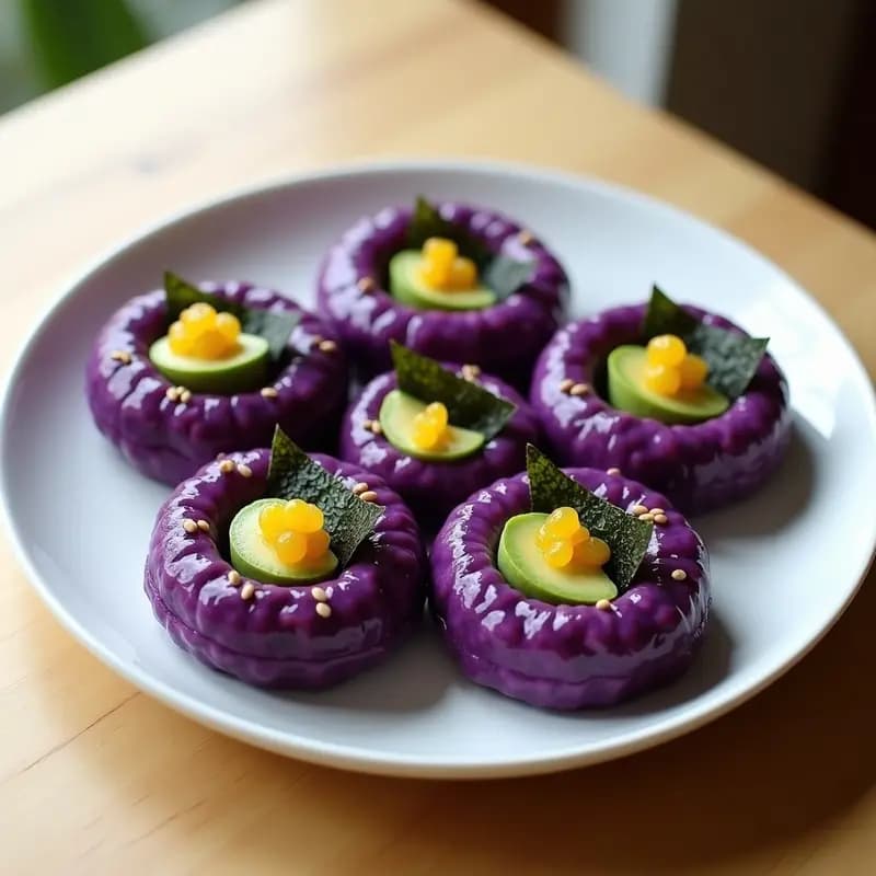 Sushi Donuts de Arroz Morado y Aguacate con Caviar de Mango: Receta Japonesa para Instagram