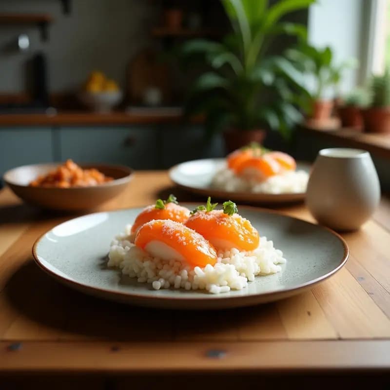 Plato blanco con sushi de gominolas colorido sobre arroz de coco rosa, azul y verde, decorado con semillas de sésamo y salsa de soja, receta japonesa divertida y viral.