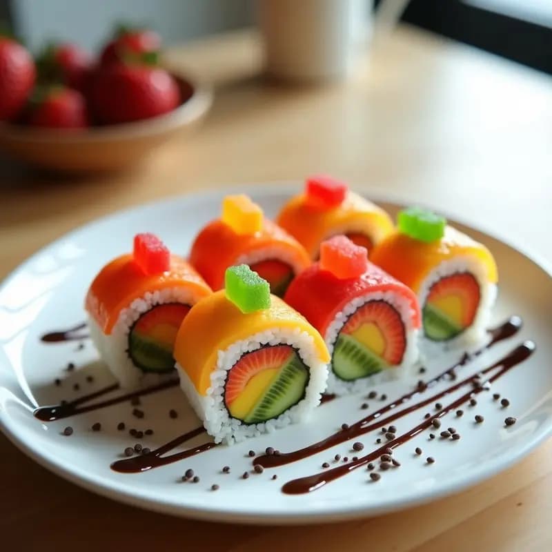 Plato blanco con sushi de gominolas y frutas ácidas cortado en porciones, mostrando capas de arroz blanco, gominolas de colores, kiwi verde y fresas rojas, decorado con semillas de chía y salsa de chocolate en zigzag, sobre fondo de madera clara.