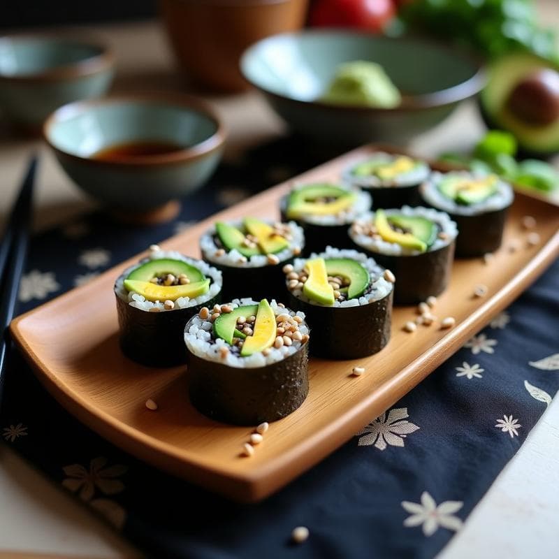 Plato rectangular de madera con rolls de sushi vegano de lentejas negras y aguacate, cortados en piezas y decorados con semillas de sésamo. Acompañados de salsa de soja y wasabi vegano sobre un mantel oscuro con toques japoneses.