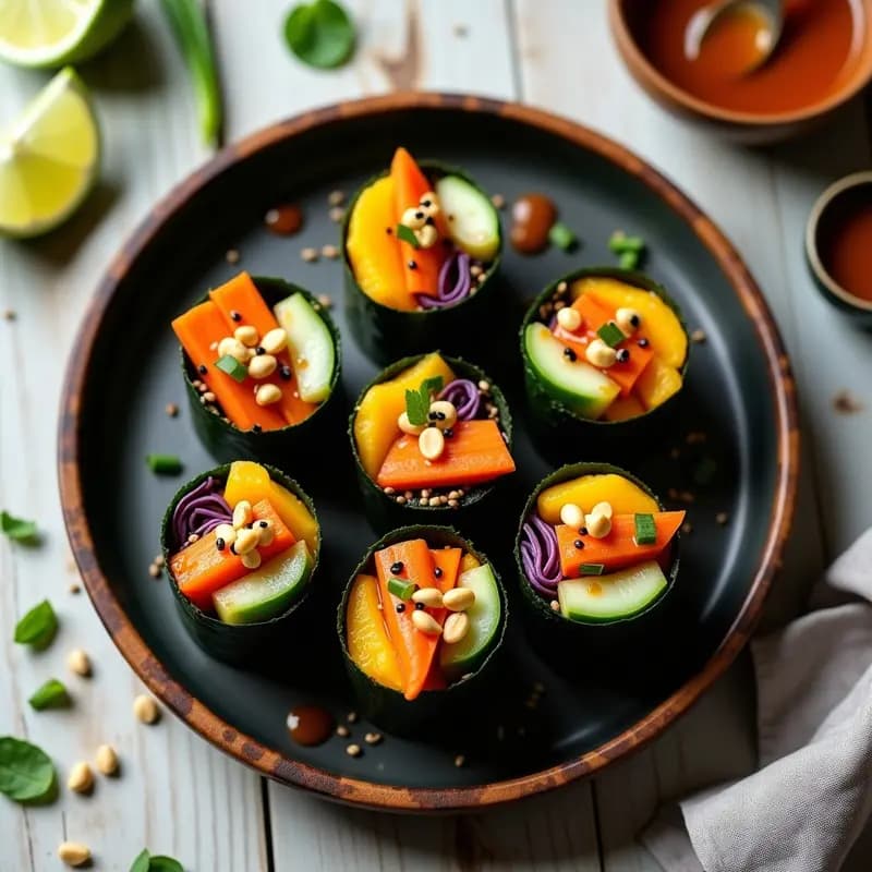 Plato de madera oscuro con rollos de sushi vegano sin arroz, rellenos de mango naranja, pepino y zanahoria morada, bañados en salsa agridulce de tamarindo. Decorados con semillas de sésamo negro, cacahuetes triturados y cebollino. Fondos de hojas de alga nori y limón verde en rodajas. Receta tailandesa vegana con toques exóticos.