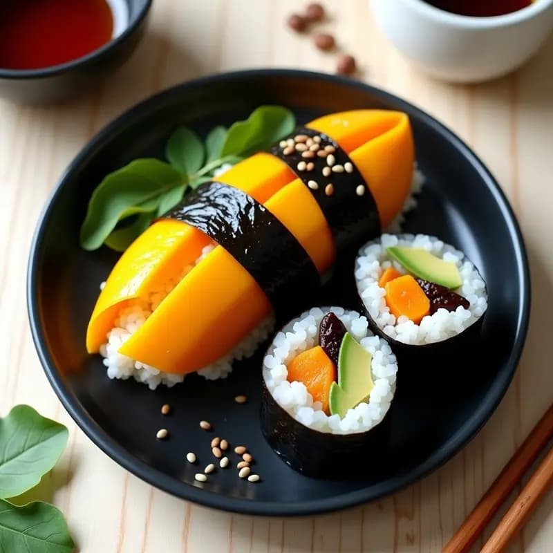 Rollos de sushi vegano rellenos de mango, aguacate y cápsulas de café, con semillas de sésamo tostado. Servidos en plato de madera con salsa de soja, wasabi y jengibre. Receta japonesa energizante.