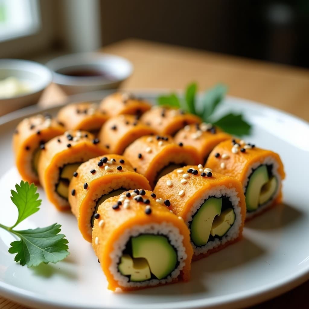 Plato blanco con sushi vegano de mango y aguacate con cúrcuma horneado en airfryer, base crujiente de coco y sésamo, decorado con semillas y cilantro, sobre fondo de madera rústica.